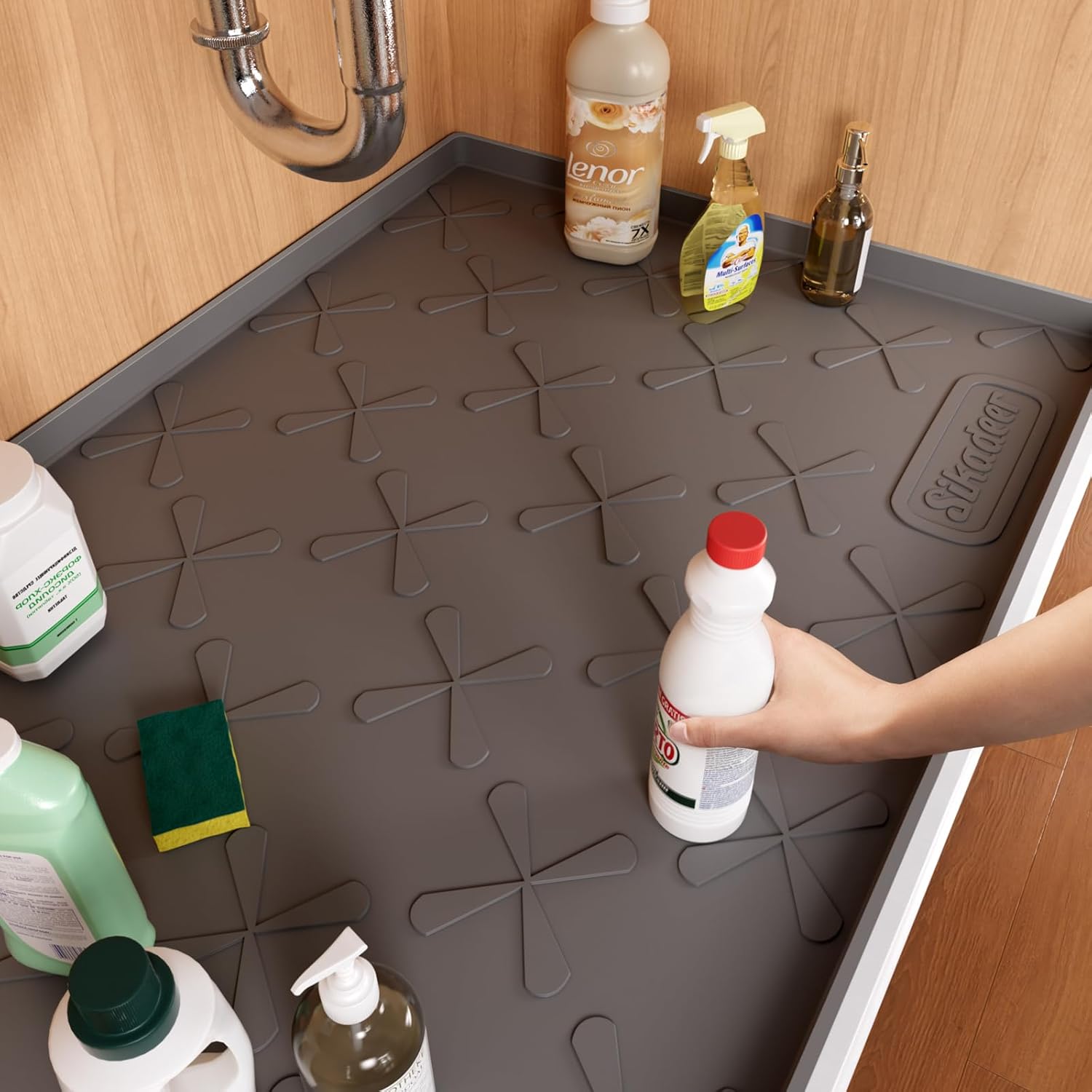 Double Thickness Under Sink Mat 22″ x 19″, Waterproof Food-Grade Silicone Tray, Reinforced Protector for Bathroom and Kitchen Cabinets, Easy to Clean, Flexible Shelf Liner Drip Tray