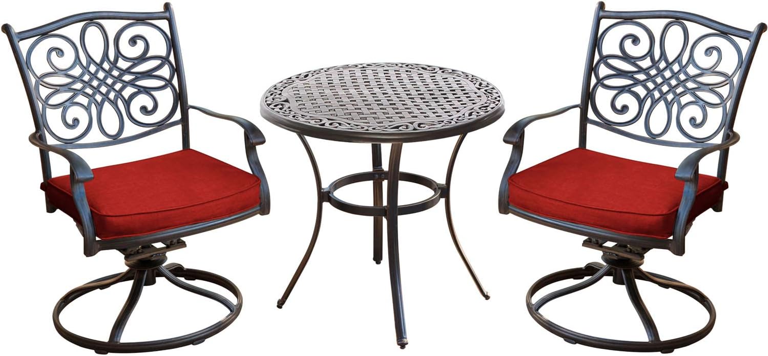 Hanover Traditions 3 Piece Bistro Set with Cast Top Table, 3PC SWIVEL, Red