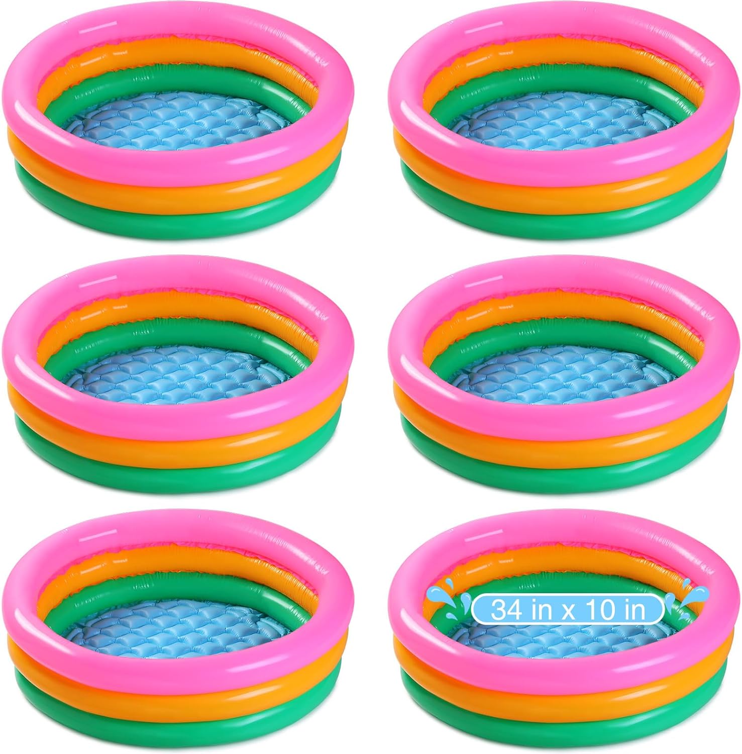 6 Pack Kiddie Pool for Toddler 34 x 10 Inch Inflatable Kids Swimming Pool Small Baby Pool Blow up 3 Rings Round Baby Padding Pool for Indoor and Outdoor Water Game Play Center (Bright Style)