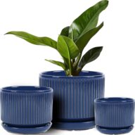 Ceramic Plant Pots with Drainage Hole and Saucer, Set of 3, 4.3+5.5+6.7 Inch Stripe Garden Planter Pots for Outdoor Indoor Succulent Orchid Plants Flower, Gifts for Mom, Reactive Glaze Blue