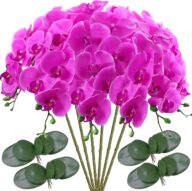 6 Pcs Artificial Phalaenopsis Flowers with 4 Bundles Leaves Artificial Orchid Flowers Stem Plants for Home Décor (Purple)