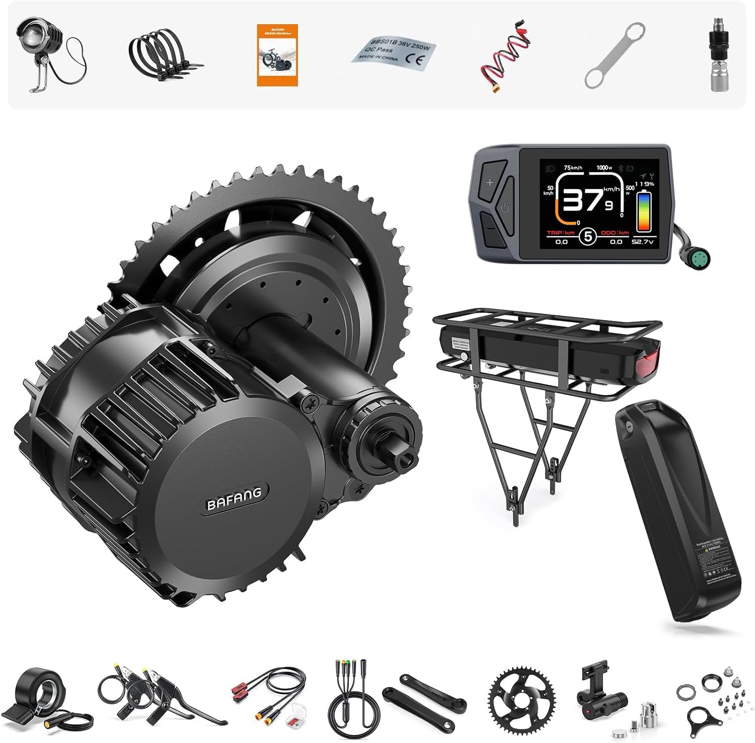 BAFANG 1000W Mid Drive Kit : BBS03 HD 52V 48V Motor with Battery (Optional), 8Fun M615 Motor with Display & Chainring for BB 68mm, G320 DIY Electric Bike Conversion Kit for Mountain Road Ebike