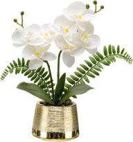 White Orchids Artificial Flowers in Gold Pot Faux Phaleanopsis Orchid Bonsia Fake Orchid Centerpiece for Dining Room