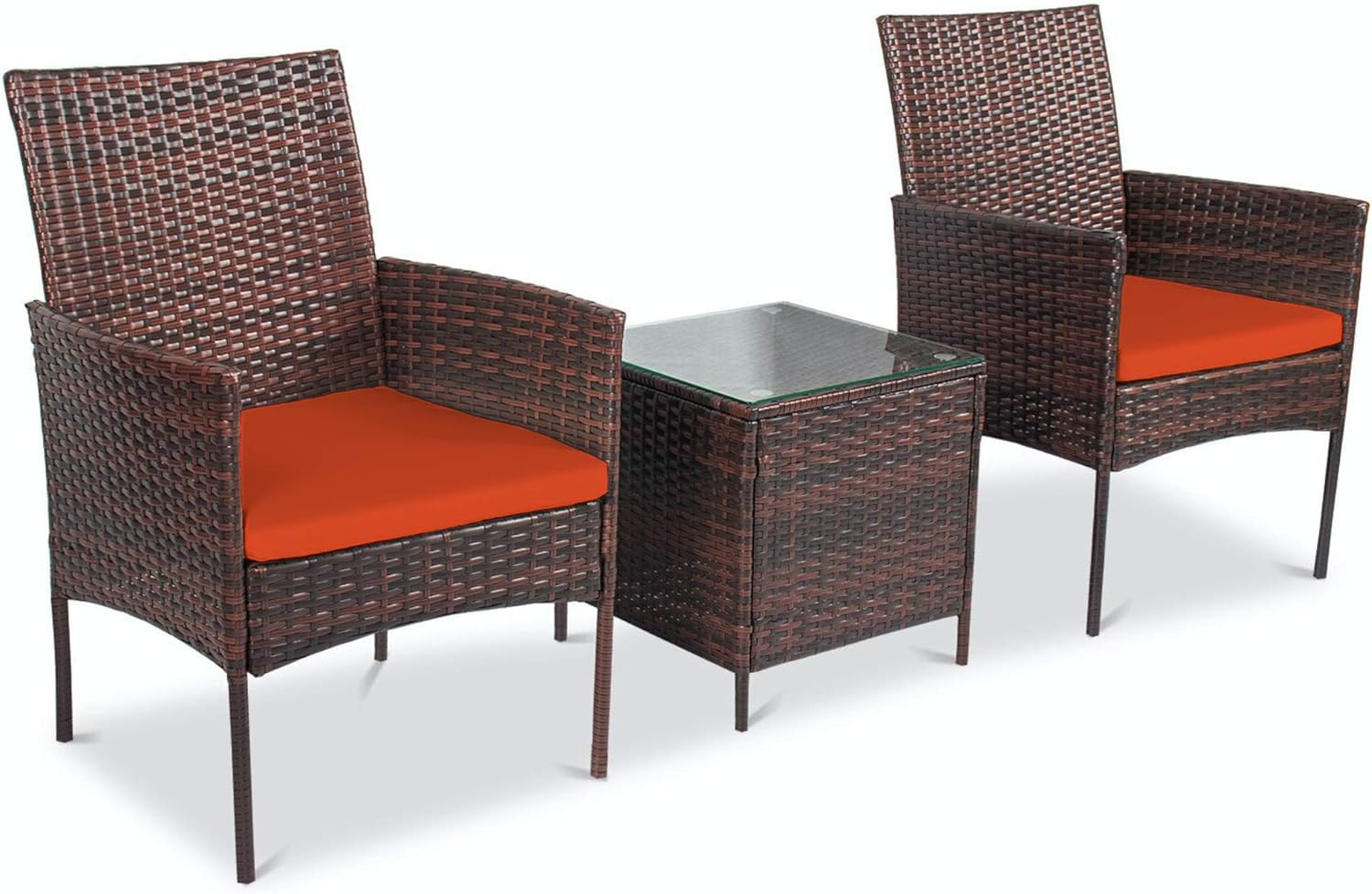 Alvino Patio Bistro Set 3-Piece Outdoor Wicker Furniture Sets, Modern Rattan Garden Conversation Chair with Thick Cushion and Glass Top Coffee Table (Orange)