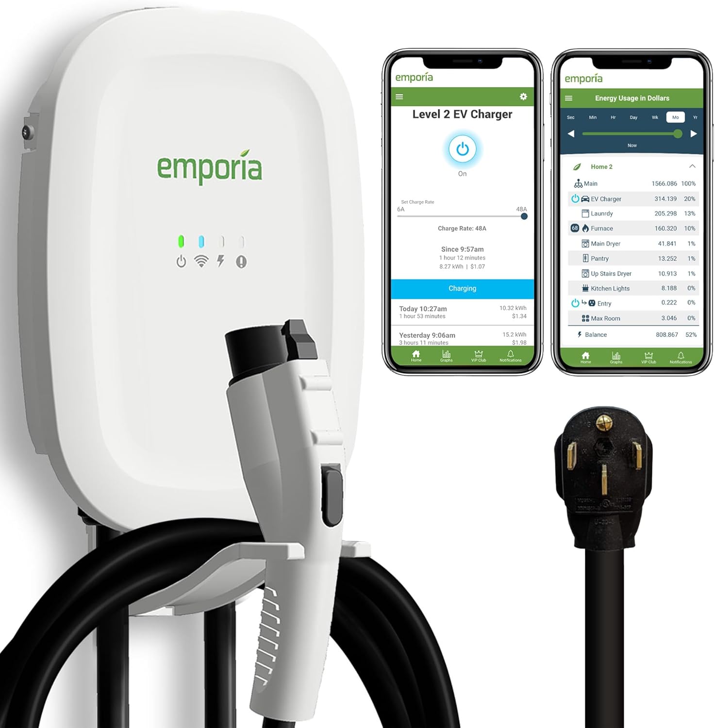 EMPORIA Level 2 EV Charger – NEMA 14-50 EVSE w/ J1772 Charger – 48 amp EV Charger Level 2, 240v Wifi Enabled Electric Vehicle Charging Station, UL/Energy Star, 24ft Electric Car Charger Cable, White