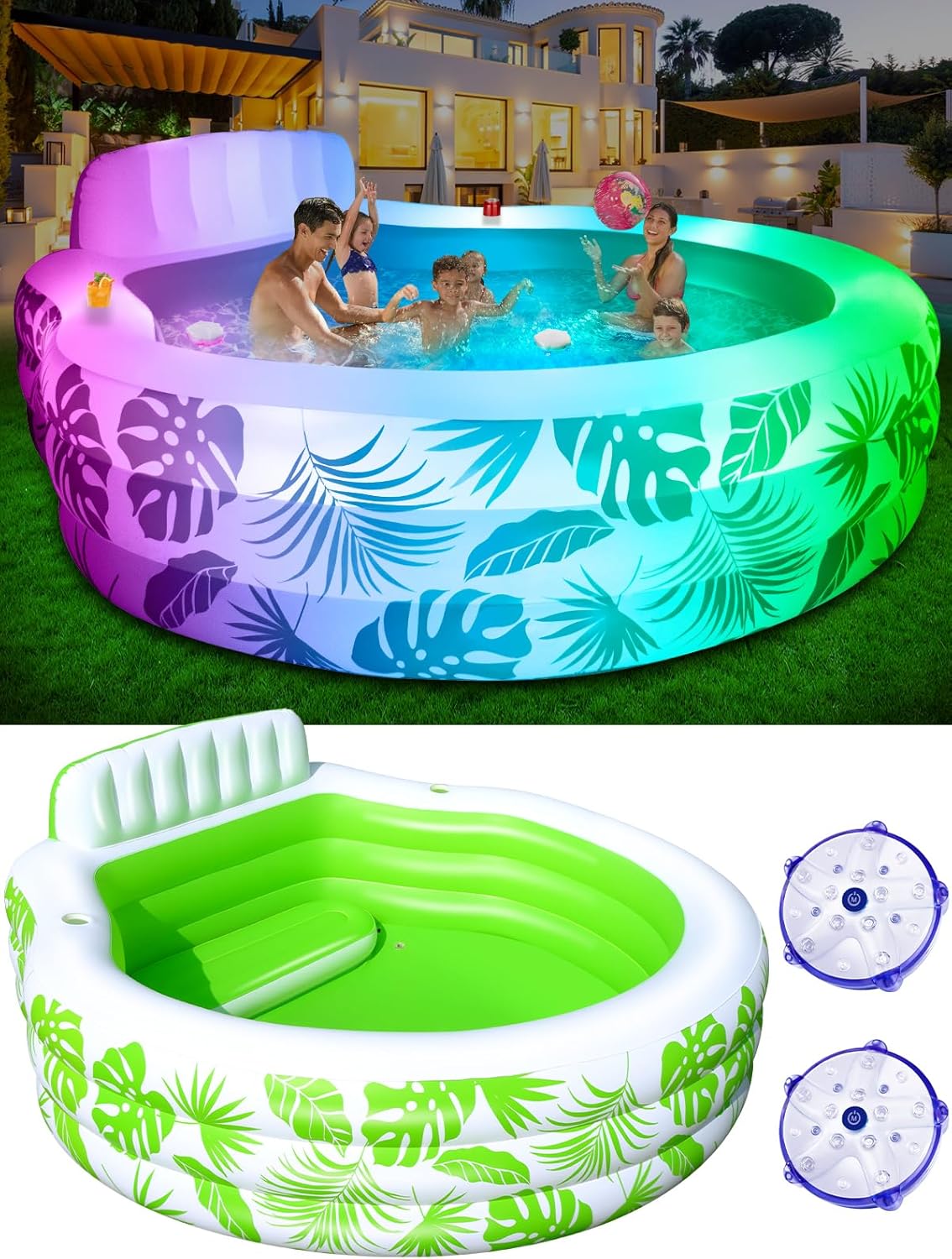 Inflatable Pool with Pool Lights, 2024 Oversized Thickened Blow Up Pool with Seat, Family Lounge Inflatable Pool for Audlts, 90″x90″x24″ Large Inflatable Kids Pools for Backyard, Kiddie pool Outdoor