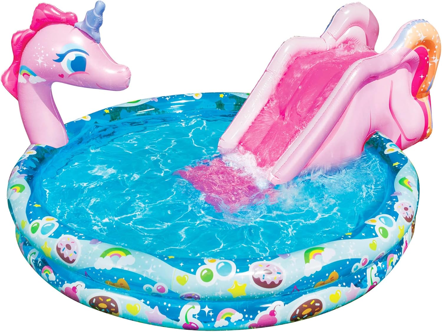 BANZAI Spray ‘N Splash Unicorn Pool, Length: 78 in, Width: 60 in, Height: 32 in, Inflatable Outdoor Backyard Water Slide Splash Toy