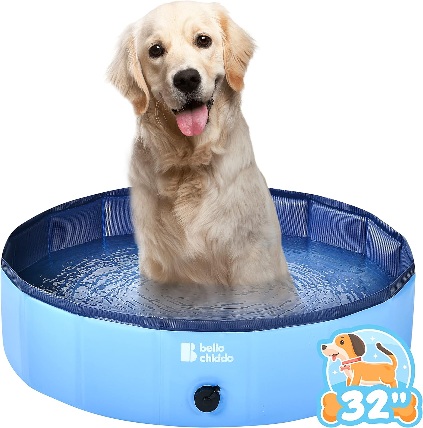 BELLOCHIDDO Foldable Dog Pool – Hard Plastic Pool for Dogs and Kids, Non-slippery Dog Swimming Pool with PP Boards, Kiddie Pool for Dogs, Indoor&Outdoor Pet Bathing Tub with Water Drainage (32″ x 8″)