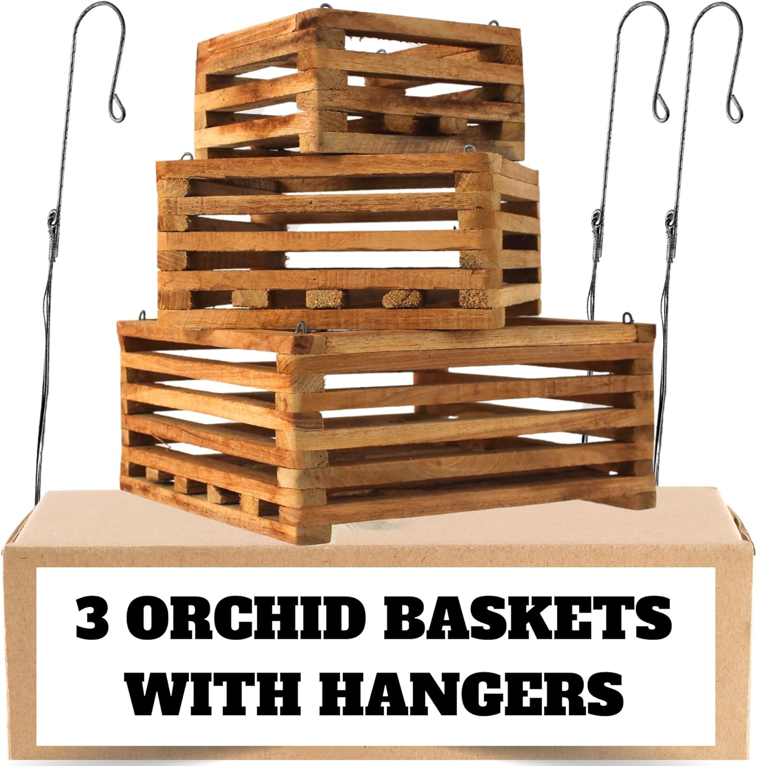 3 Strong Hanging Orchid Baskets with Hangers (1 x 10 Inches, 1 x 8 Inches, 1 x 6 Inches), Wood Vanda Baskets, Hanging Orchid Baskets, Orchid Tree Hangers for Indoors or Outdoors