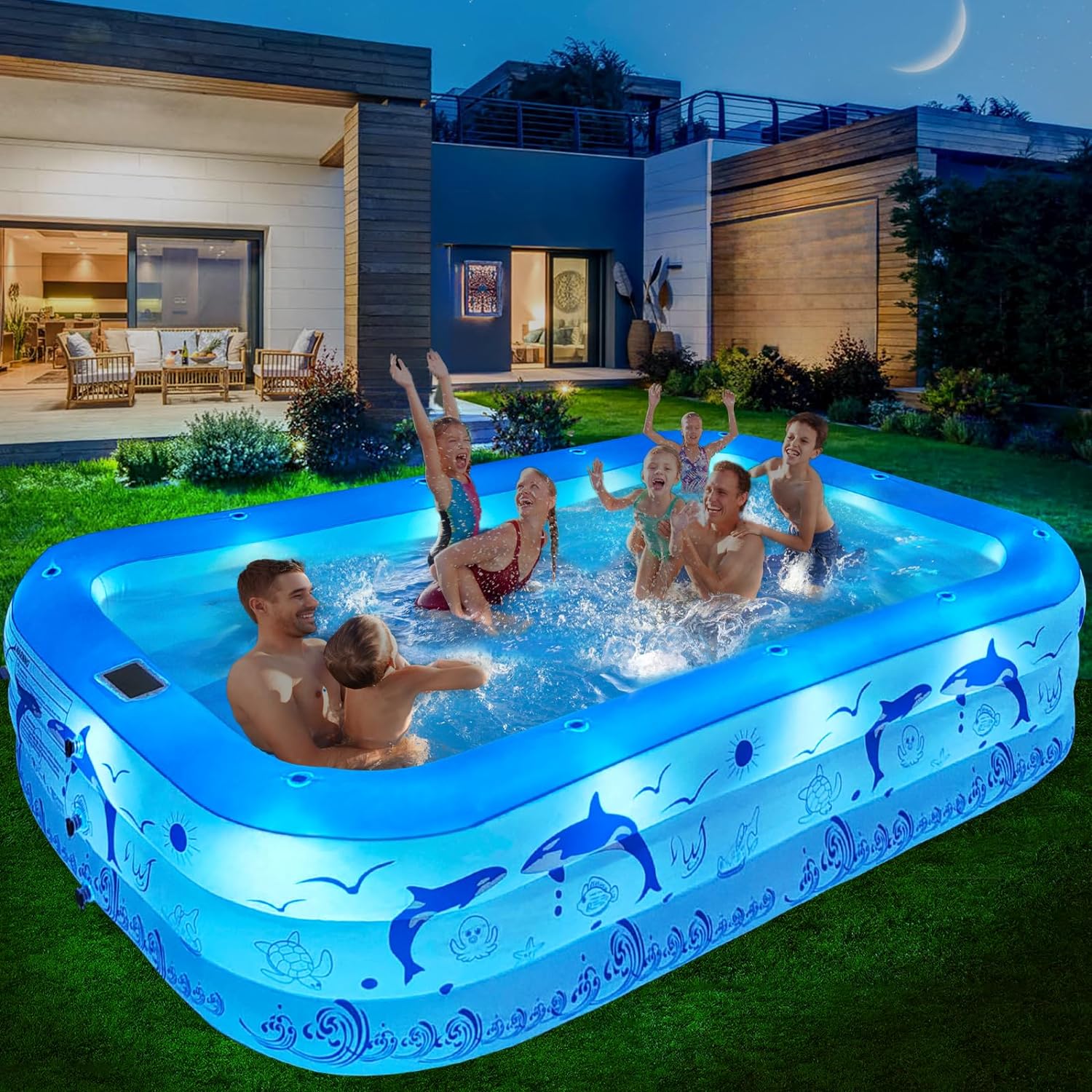 Inflatable Pool with Lights, 2024 Upgraded Family Inflatable Swimming Pool for Kids,Adults, Blow up Pool Solar Powered, Large Kiddle Pool, 105″x65″x25”Oversized Thickened Pool for Backyard