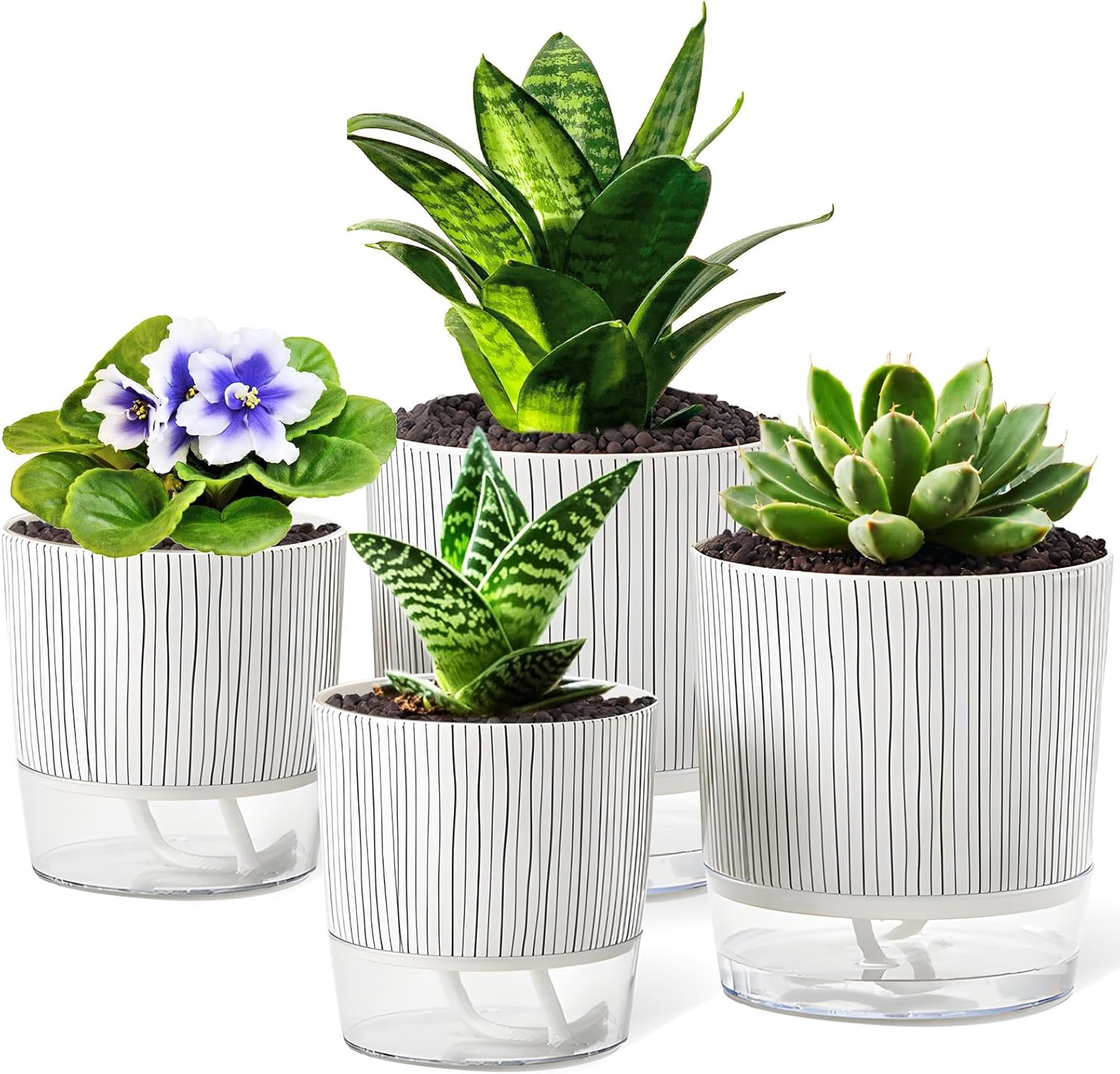 4 Pack Self Watering Pots Set, 4.3+5.5 Inch Self Watering Pots for Indoor Plants, Planter Pot with Wick Rope and Reservoir for African Violet, Spider Plant, Orchid