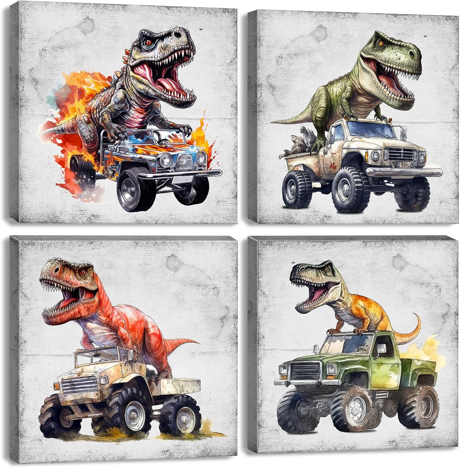 Dinosaur Wall Art Funny Dinosaur in Car Pictures Bathroom Bedroom Wall Decor Retro Dino Posters Neutral Nursery Kids Girls Playroom Classroom Cool Canvas Prints Artwork Home Decorations 12×12” 4 Pcs