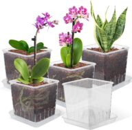 5 Pack 5 Inch Plant Pots with Holes and Saucers for Indoor Plants, Clear Plastic Planter Breathable Orchid Pots for Repotting