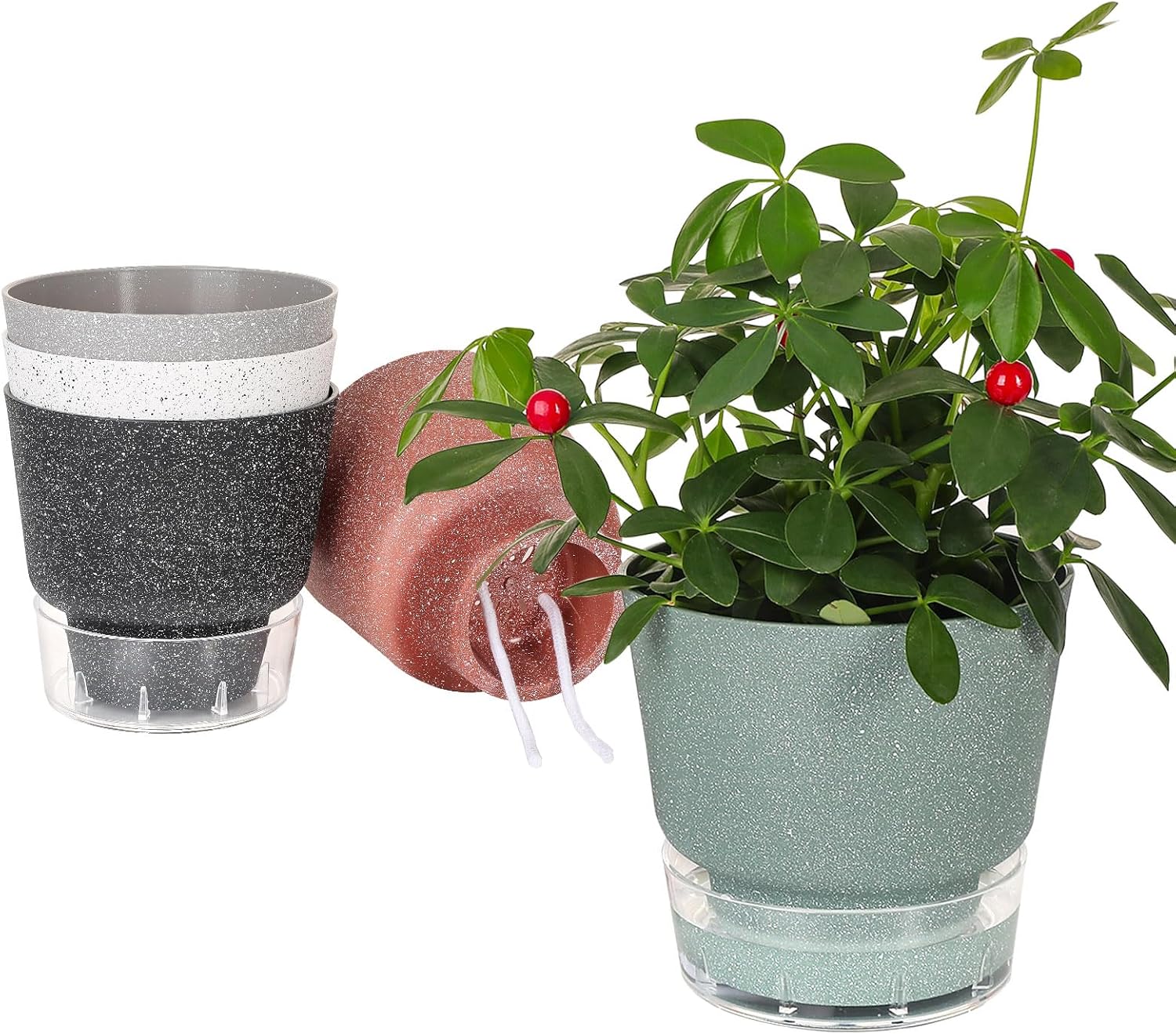 Self Watering Pots for Indoor Plants, 6 Inch Plant Pots with Drainage Holes and Saucers, Flower Pots for Indoor Plants, Orchid Pot, Succulent Pots, Gardening Pots, African Violet Pots, 5 Packs