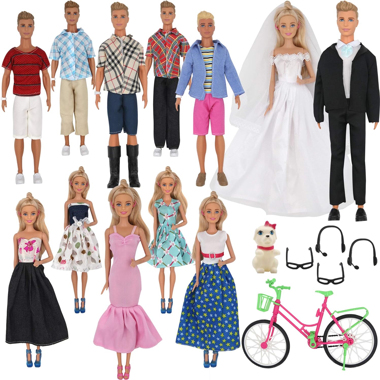 33Pcs Doll Clothes and Accessories for 12 Inch Boy and Girl Doll, Includes 20 Wear Clothes Shirt Jeans Suit and Wedding Dresses, Glasses Earphones Dog and Bike for 12” Boy Girl Doll