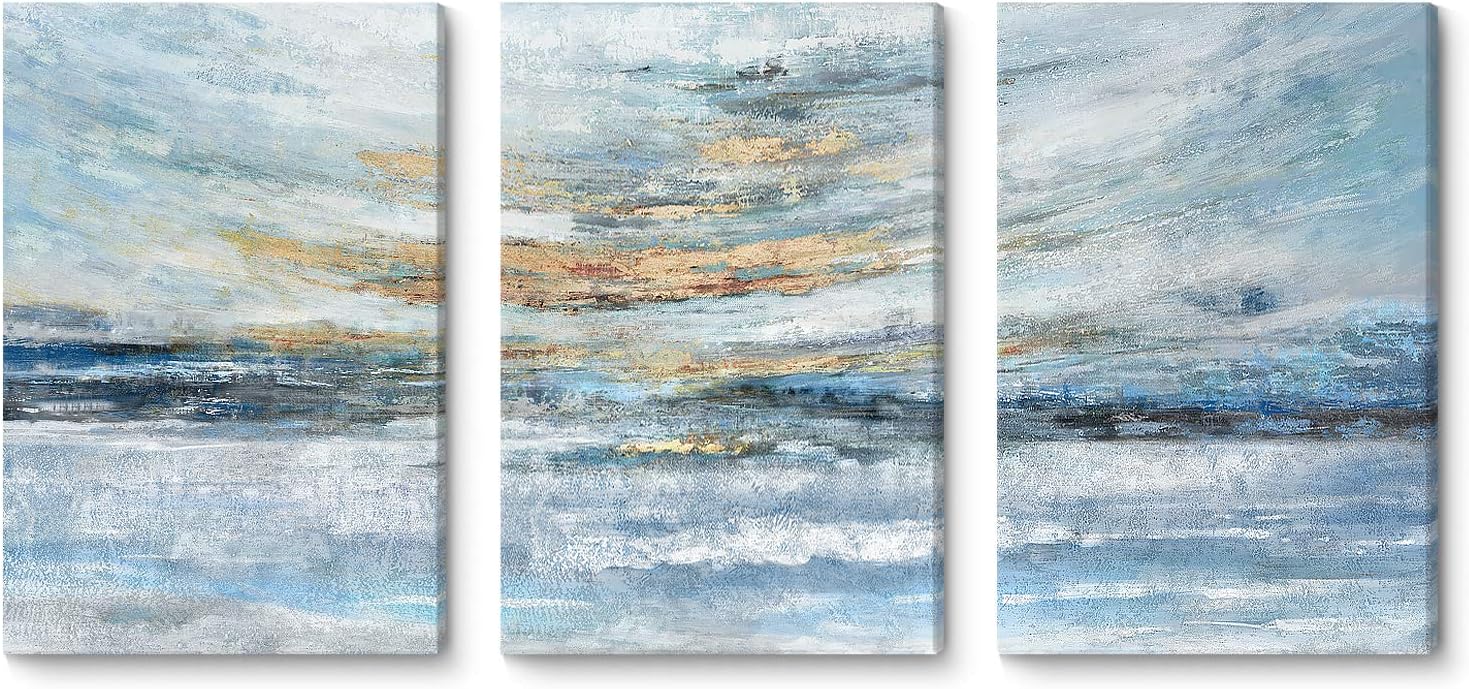 Abstract Canvas Wall Art for Bedroom 3 Piece Ocean Painting Coastal Theme Artwork Blue and Gold Sunset & Sunrise on the Beach Seascape Picture for Bathroom Living Room Light 12x16inchx3 panel