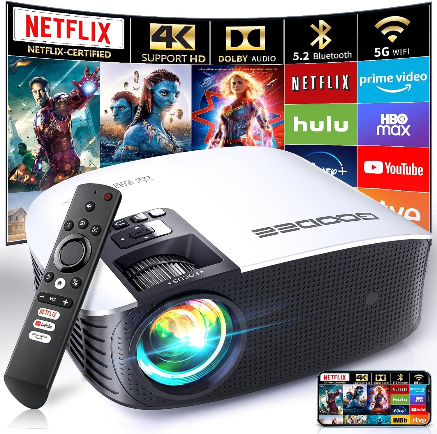 GooDee Smart 4K Projector with 5G WIFI and Bluetooth, Netflix/Amazn Prime Video Certified, Dolby Audio, 800ANSI Outdoor Projector, 400″ Zoom Home Theater Projector Compatible with TV Stick,iOS,Android