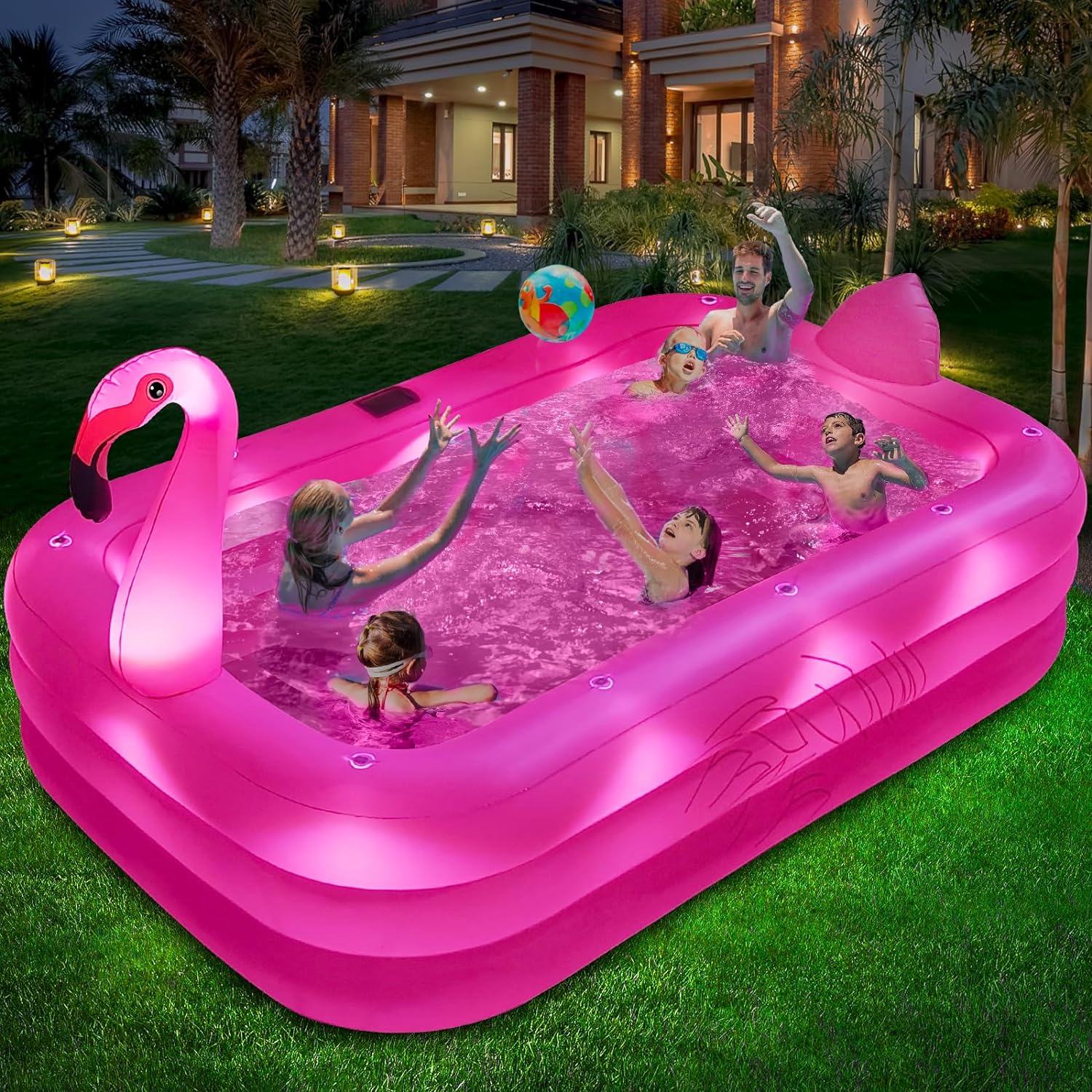 Inflatable Pool with Lights, 2024 Solar Flamingo Swimming Pool for Kids,Adults Inflatable Blow up Pool, Large Kiddie Pool, Durable Thickened 105″x65″x25″ Inflatable Family Pool for Backyard,Outdoor