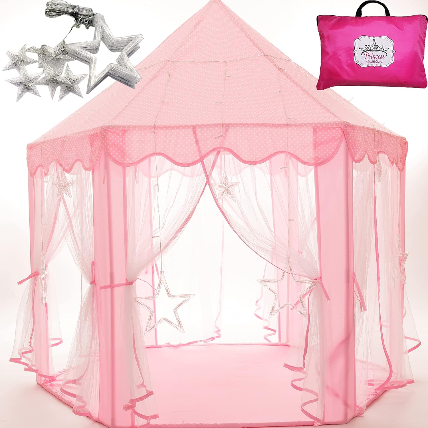 Princess Castle Playhouse Tent Toy for Girls with Large Star Lights, Pink Girls Kids Play House Indoor, Birthday for Little Girls Age 3 4 5 6 7, Play Tent for 3-10 Year Old Girls