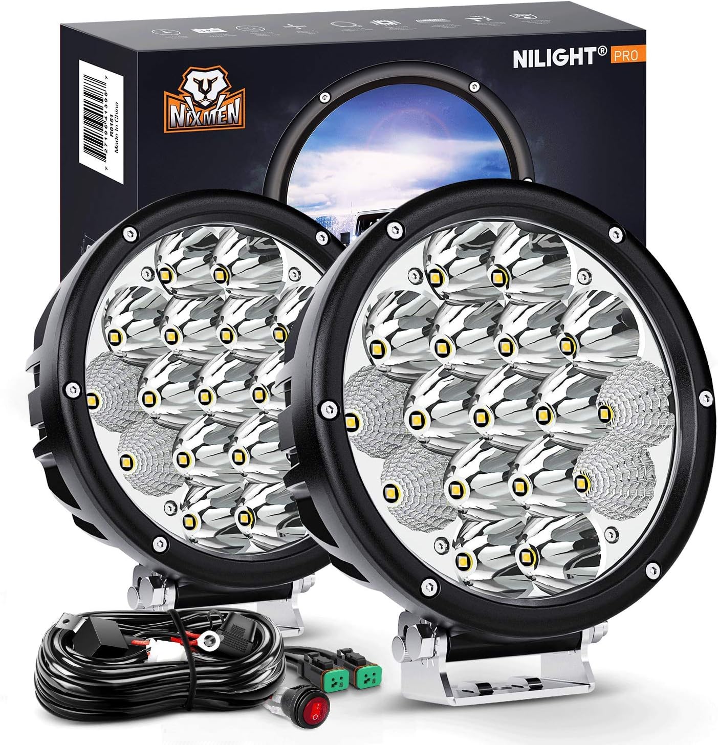 Nilight 2PCS 7Inch 85W LED Driving Light 10200LM IP68 Spot Flood Combo Round Built-in EMC Offroad Lights with 14AWG DT Connector Wiring Harness Kit for Truck ATV UTV SUV, 5 Years Warranty