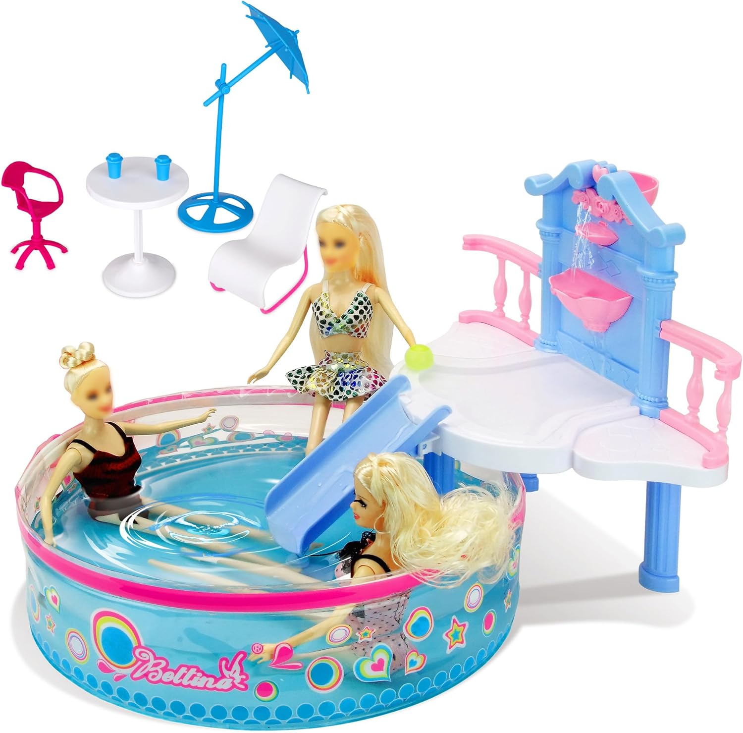 Glam Pool Playset, Deluxe Doll Pool with 7 Pcs Pool Accessories, Fits Dolls Up to 12 Inch, Kids Gifts for 3 to 8 Year Olds Girls, Bath Toys for Toddlers, Birthday Xmas Toy Gifts for Girls Kids Aged 3+