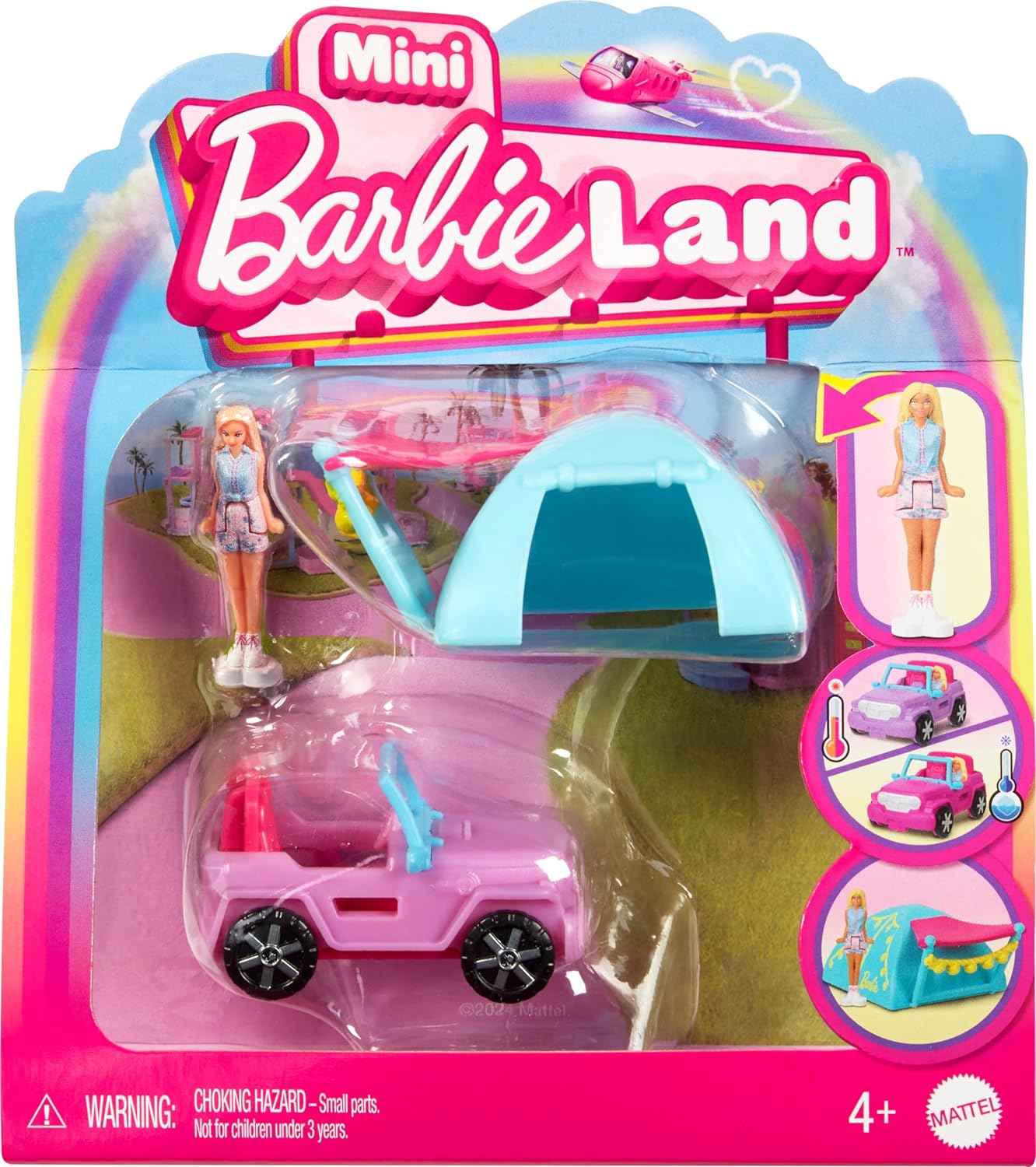 Barbie Mini BarbieLand Doll & Toy Vehicle Sets, 1.5-inch Doll & SUV with Color-Change Surprise & Tent Accessory