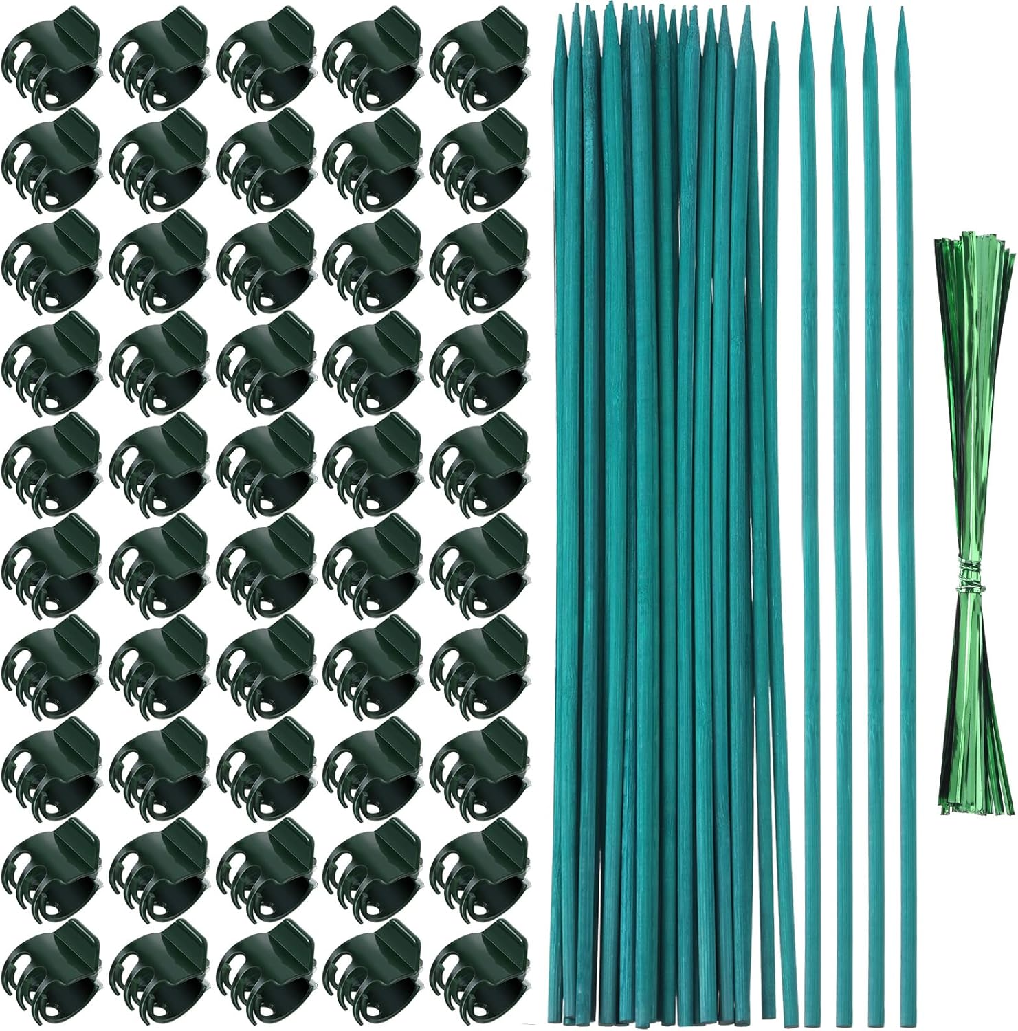 Jetec 50 Pieces Orchid Clips Plastic Garden Plant Clips with 30 Pieces Green Bamboo Plant Stakes, 30 Pieces Metallic Twist Ties for Supporting Stems Vines Stalks Grow Upright (38 cm)