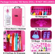 Ecore Fun Fashion Doll Closet Wardrobe for Doll Clothes and Accessories Storage – Lot 102 Items Include Clothes, Dresses, Shoes, Bags, Necklace, Shoes Rack, Hangers for 11.5 Inch Girl Doll Clothes