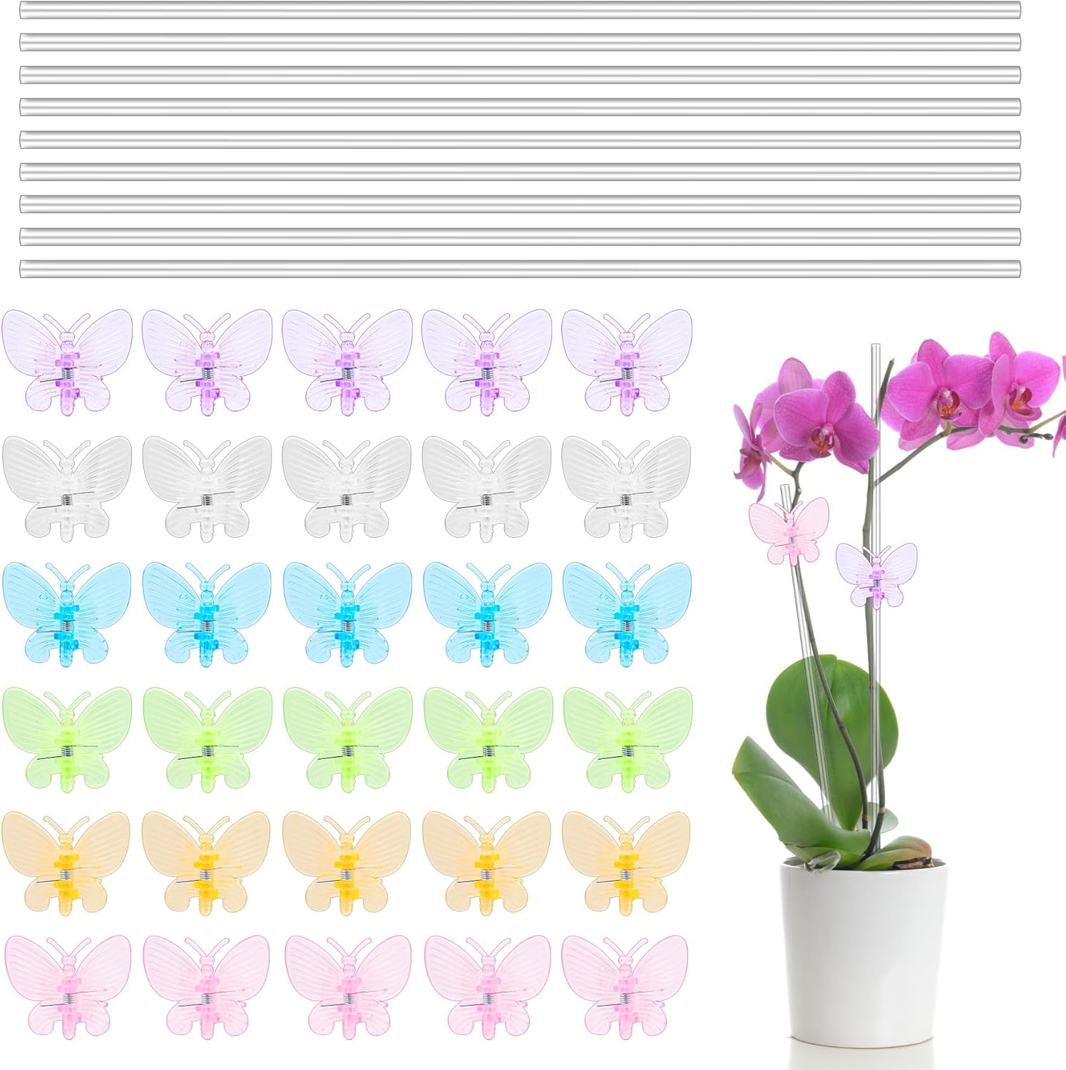 30Set Orchid Stakes Acrylic Plant Stakes Garden Stakes Clear Single Stem Plant Support Stakes and Butterfly Plant Clips for Indoor and Outdoor Plants Supporting Vines Grow Upright