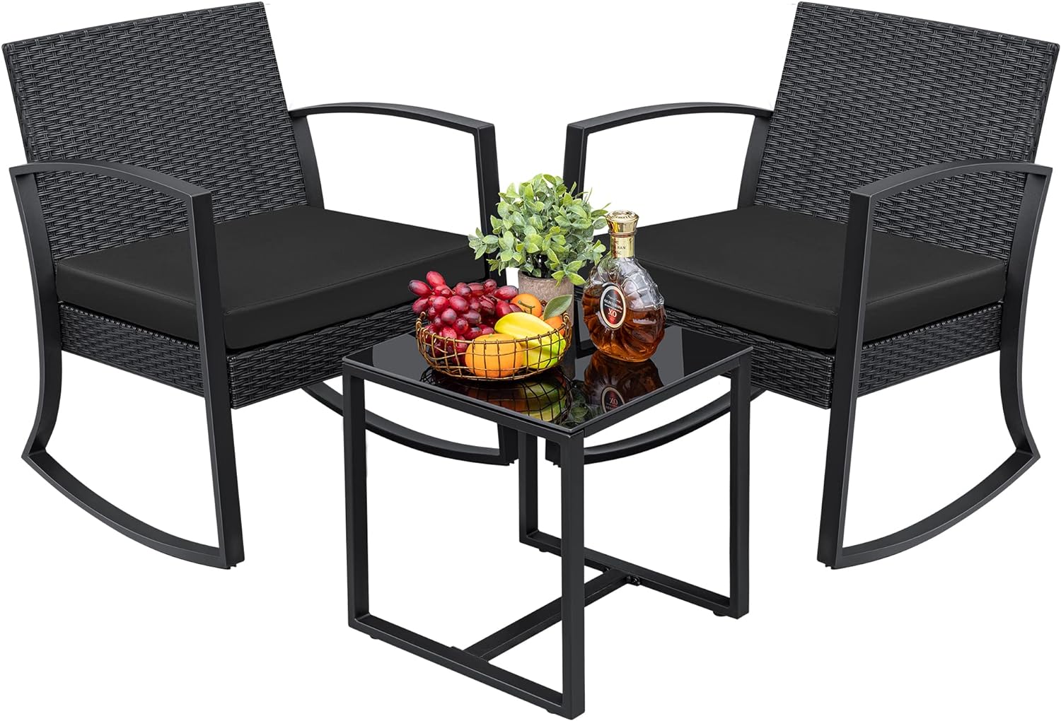 Greesum 3 Pieces Outdoor Furniture Set Patio Bistro Rocking Chairs with Glass Coffee Table for Pool Beach Backyard Balcony Porch Deck Garden, Black