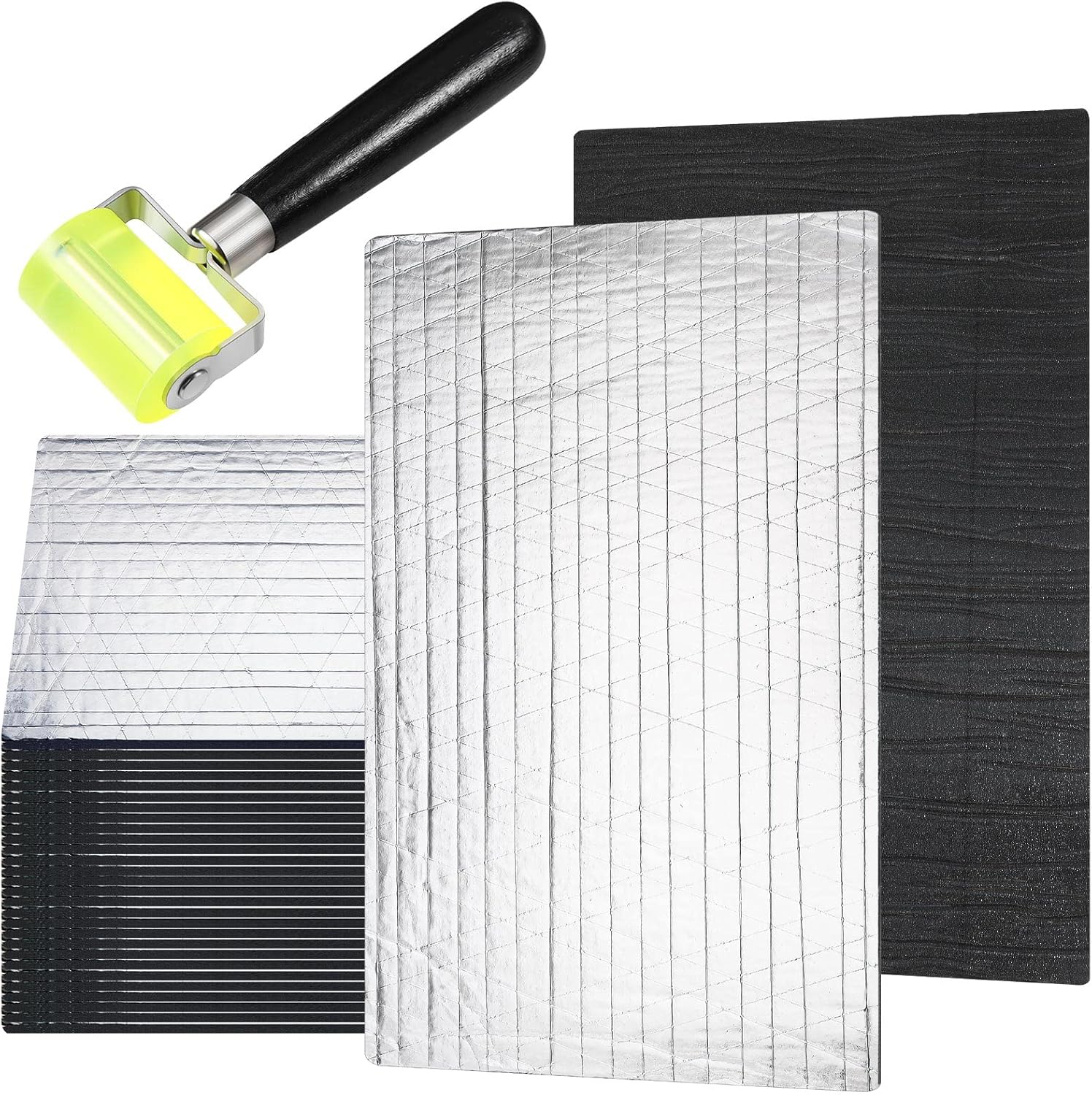 196 Mil Car Sound Deadening Mat Sound Deadener Automotive Audio Noise Insulation Dampening Insulation Mat with Rubber Roller for Hood Ceiling Door 15.7 x 9.8 in Each Sheet (31 Pcs)