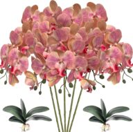 5 Pcs Artificial Orchid Flowers and 2 Bundles Leaves,Artificial Phalaenopsis Flowers 32 Inch Stem Plants for Home Wedding Decoration (Pink)