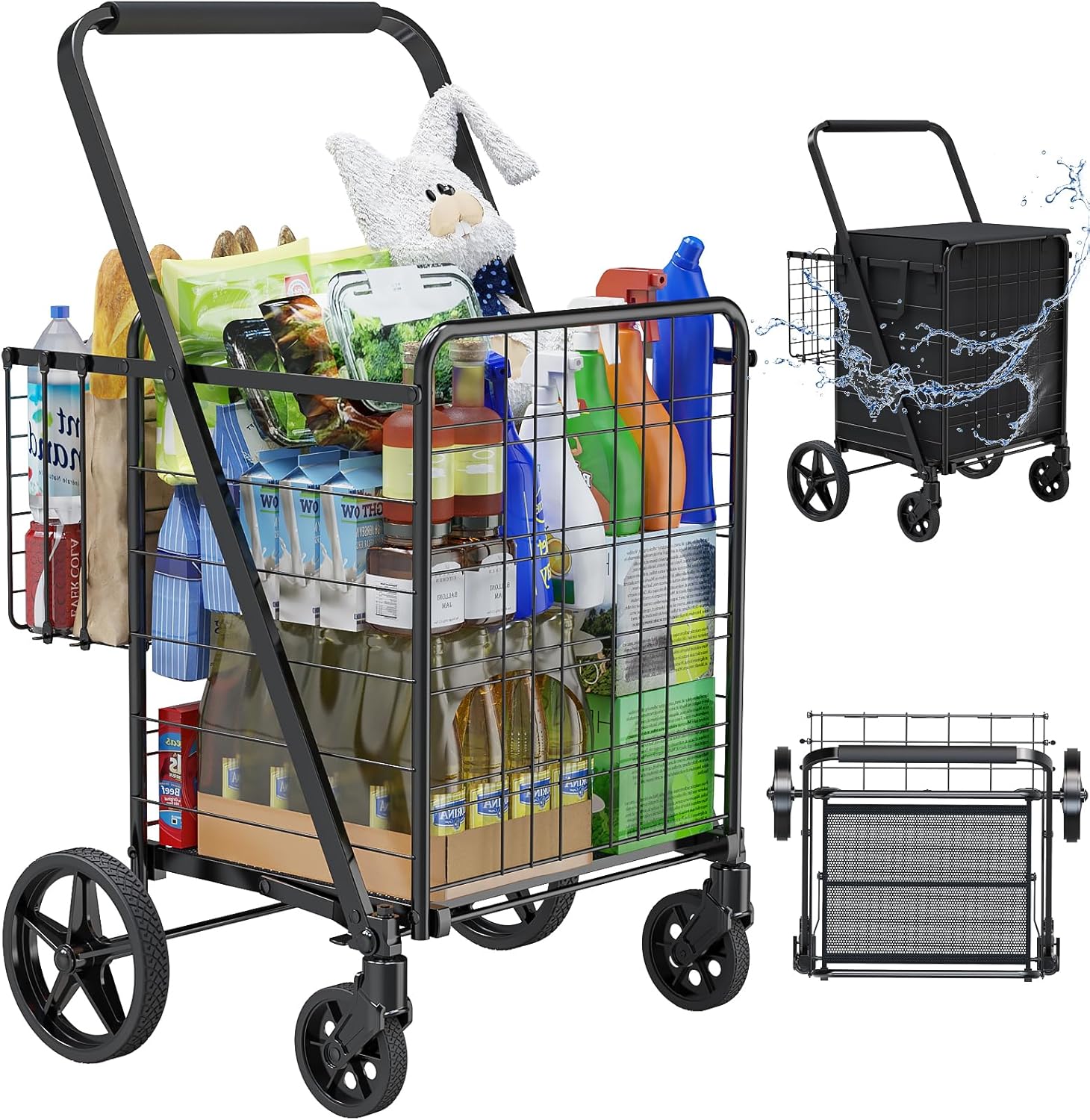 Folding Shopping Cart with Waterproof Bag, Grocery Cart with Encrypted Mesh Bottom, 23 Gal Double Basket & 360° Swivel Wheels, 260 Lbs Heavy Duty Shopping Carts for Groceries, Laundry