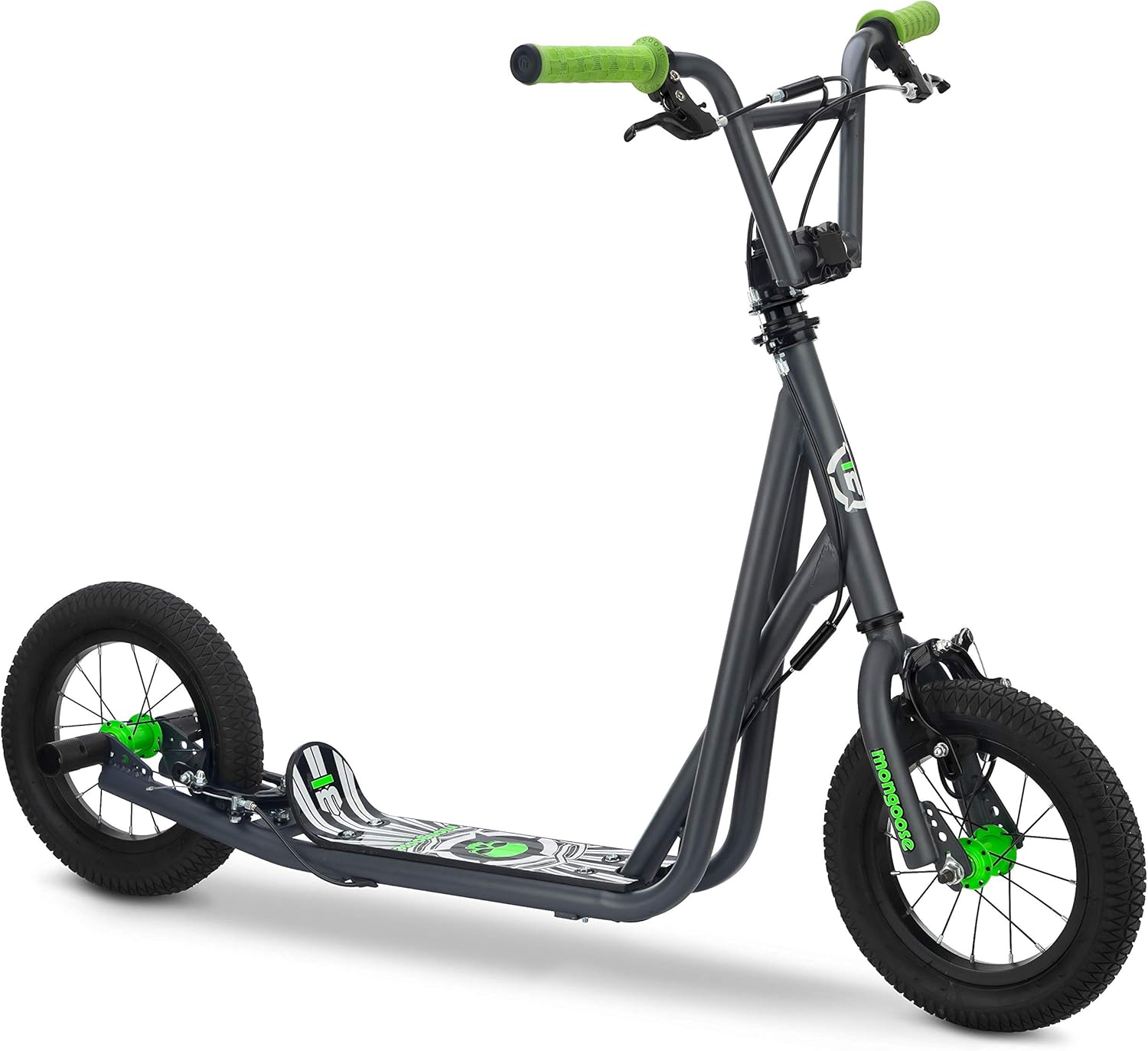 Mongoose Expo Kick Scooter, BMX-Style Handlebar & Brake Cable Rotor, Wide Foot Deck for Kids Youth Boys Girls Ages 6 and Up, Rear Axle Pegs, 12-Inch Air Tires, and Max. Weight of 175 lbs.