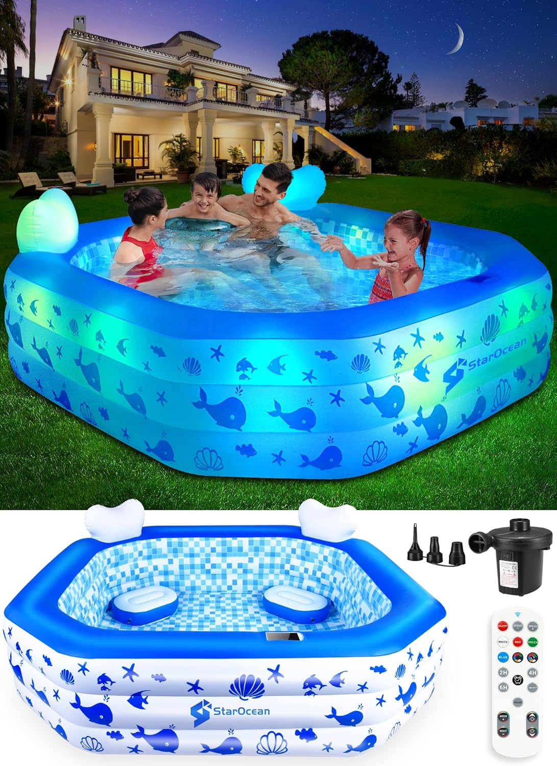 Inflatable Pool with Lights,2024 Solar Inflatable Swimming Pool for Kids,Adults,Blow up Pool with Remote Control,pump,Large Kiddie Pool with Seat&Backrest,Kids Pool for Backyard-83″x83″x22″