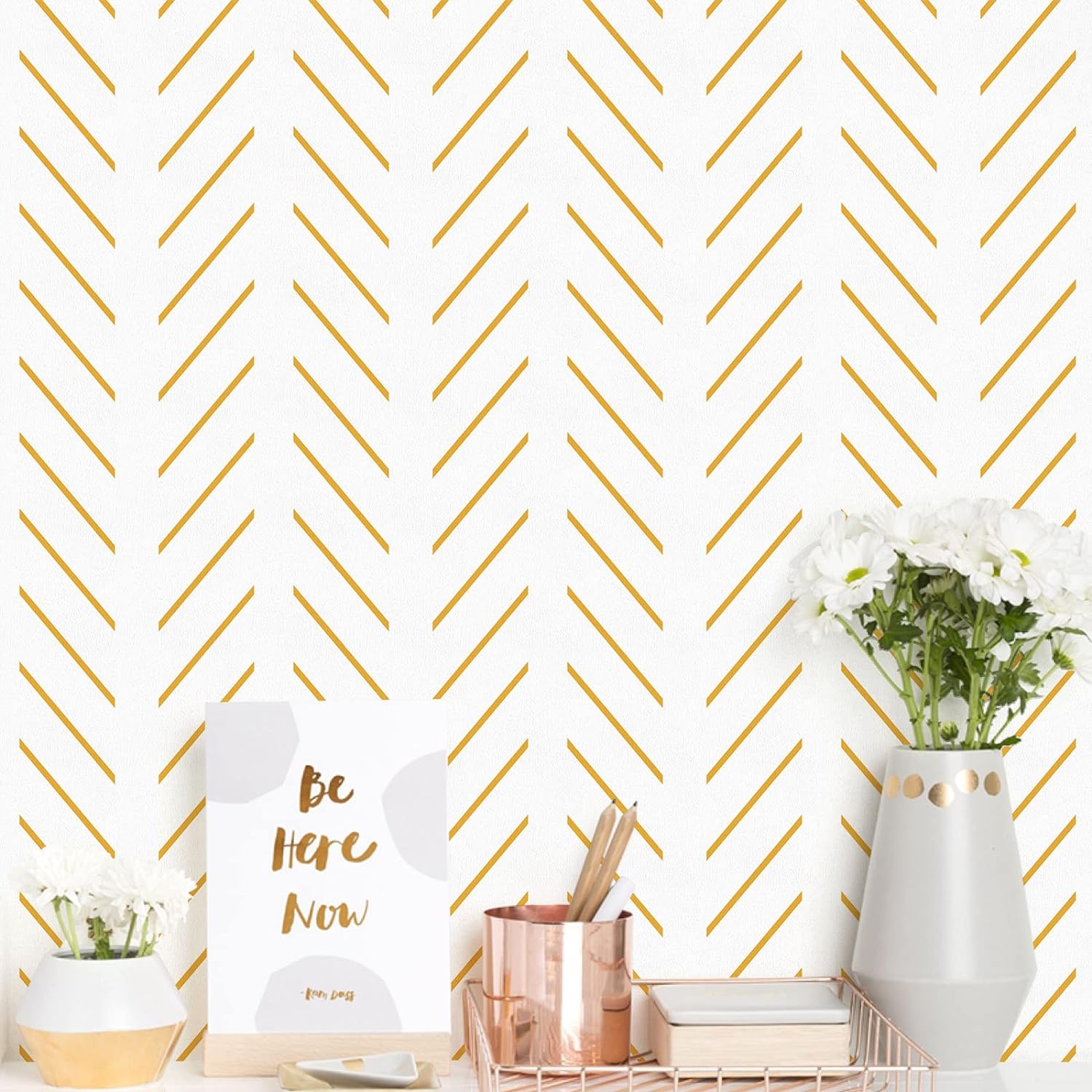 Orainege Yellow and White Peel and Stick Wallpaper Yellow Contact Paper 17.7inchx118.1inch Herringbone Geometric Wall Paper Peel and Stick Modern Lines Decorative Self Adhesive Wallpaper for Bedroom