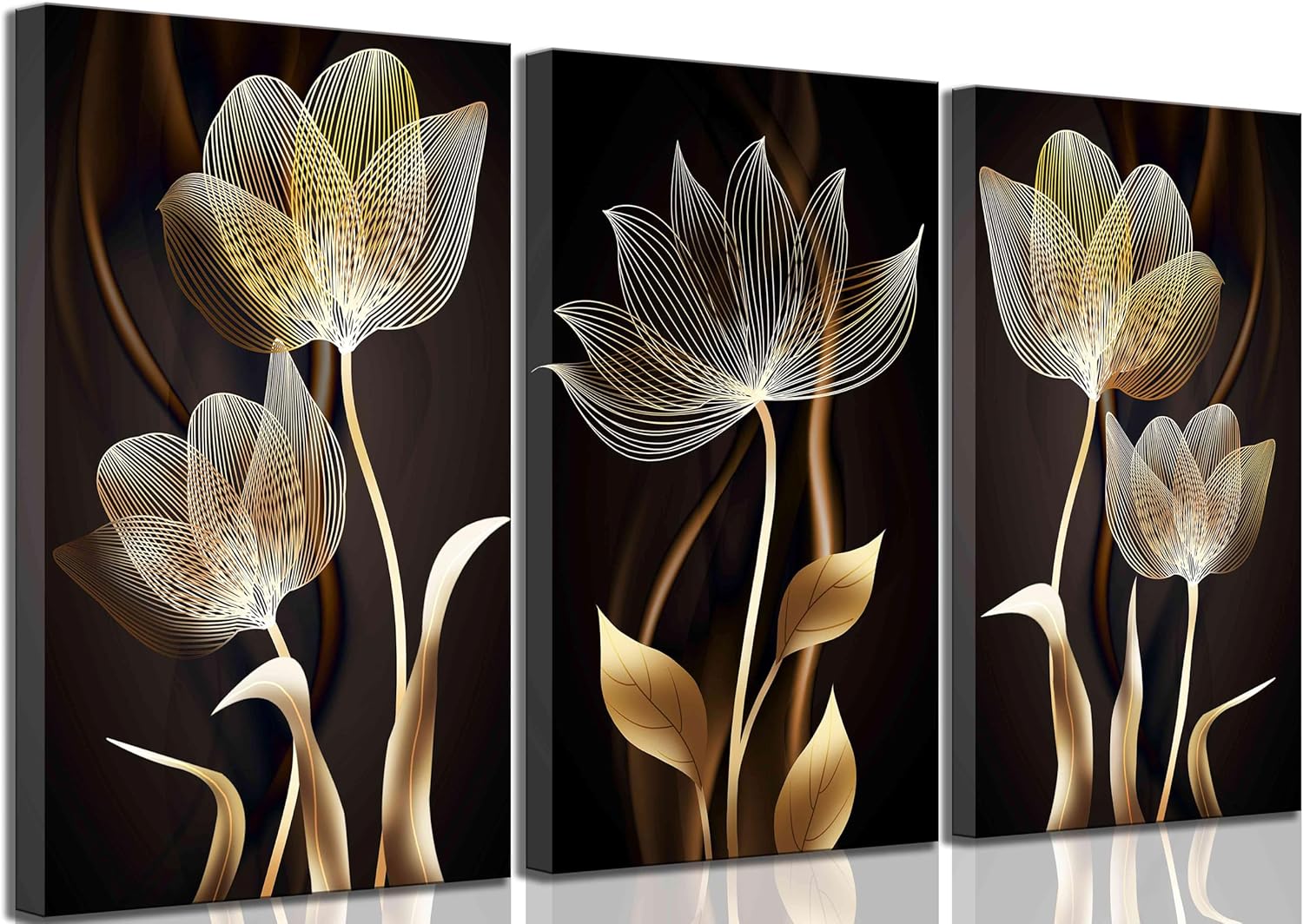 3 Pieces Framed Modern Abstract Brown Flowers Canvas Wall Art Minimalism Black and Gold Floral Painting Pictures Luxury Wall Decor Posters Print Artwork for living room Office Bedroom Home Decoration