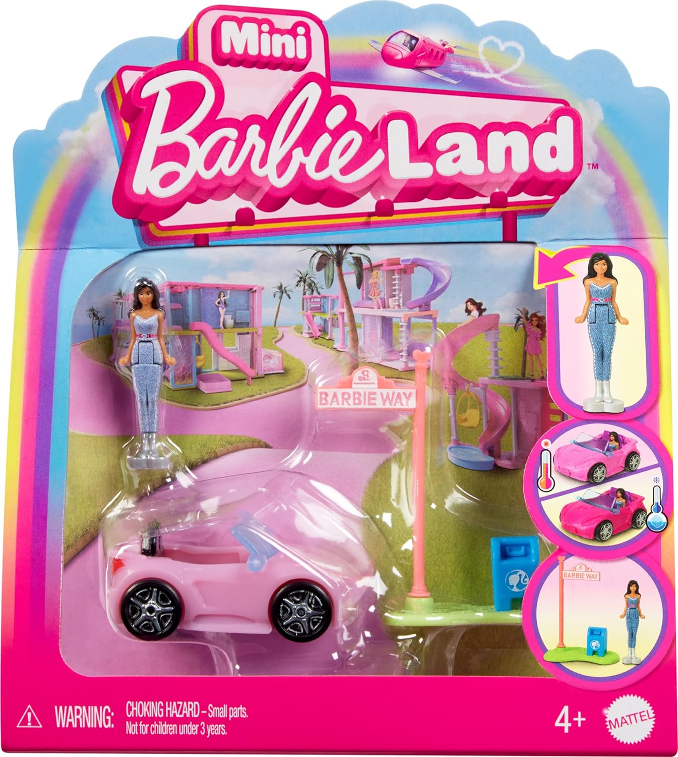 Barbie Mini BarbieLand Doll & Toy Vehicle Sets, 1.5-inch Doll & Convertible Car with Color-Change Surprise, Plus Street Sign Accessory