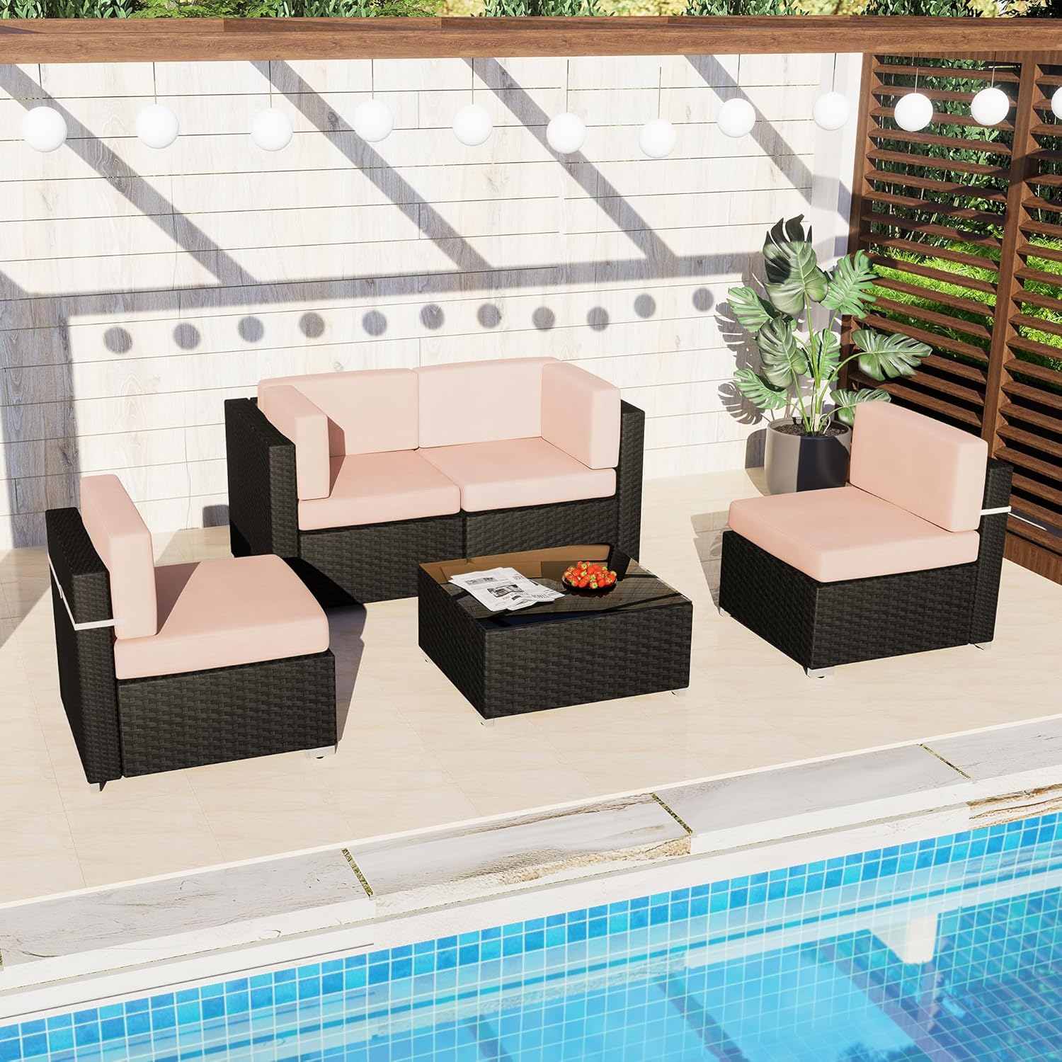 yoyomax Patio Furniture Set-5PCS Modular Outdoor Sectional Wicker Conversation Sofa w/ 4 Armless Chairs, Coffee Table – Ideal for Garden, Poolside, Restaurant Hotel, Beige