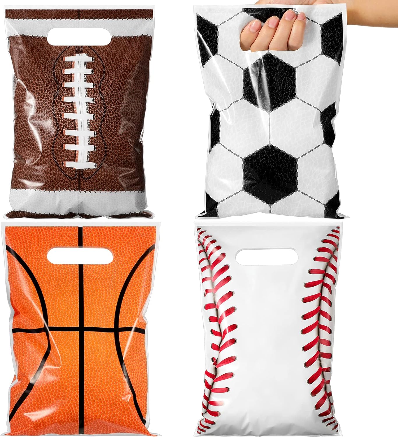 100 Pcs Football Sports Party Favor Bags Soccer Candy Gift Bags, Plastic Goodie Treat Bags Bulk with Handles for Baseball Basketball Theme Event Gift Bag Birthday Supplies Decorations