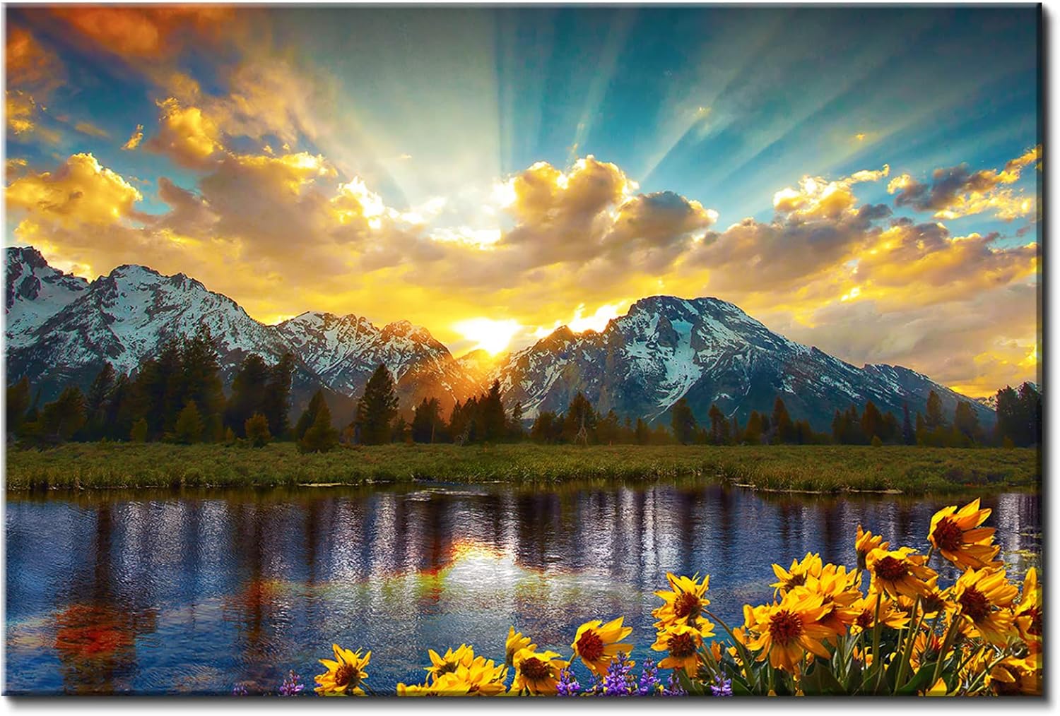 Nature Mountain Wall Art for Living Room, National Park Sunflower Landscape Canvas Picture Wall Decor 12×16, Sunset Grand Teton Lake Prints Painting Framed Artwork for Kitchen Bedroom Home Decoration