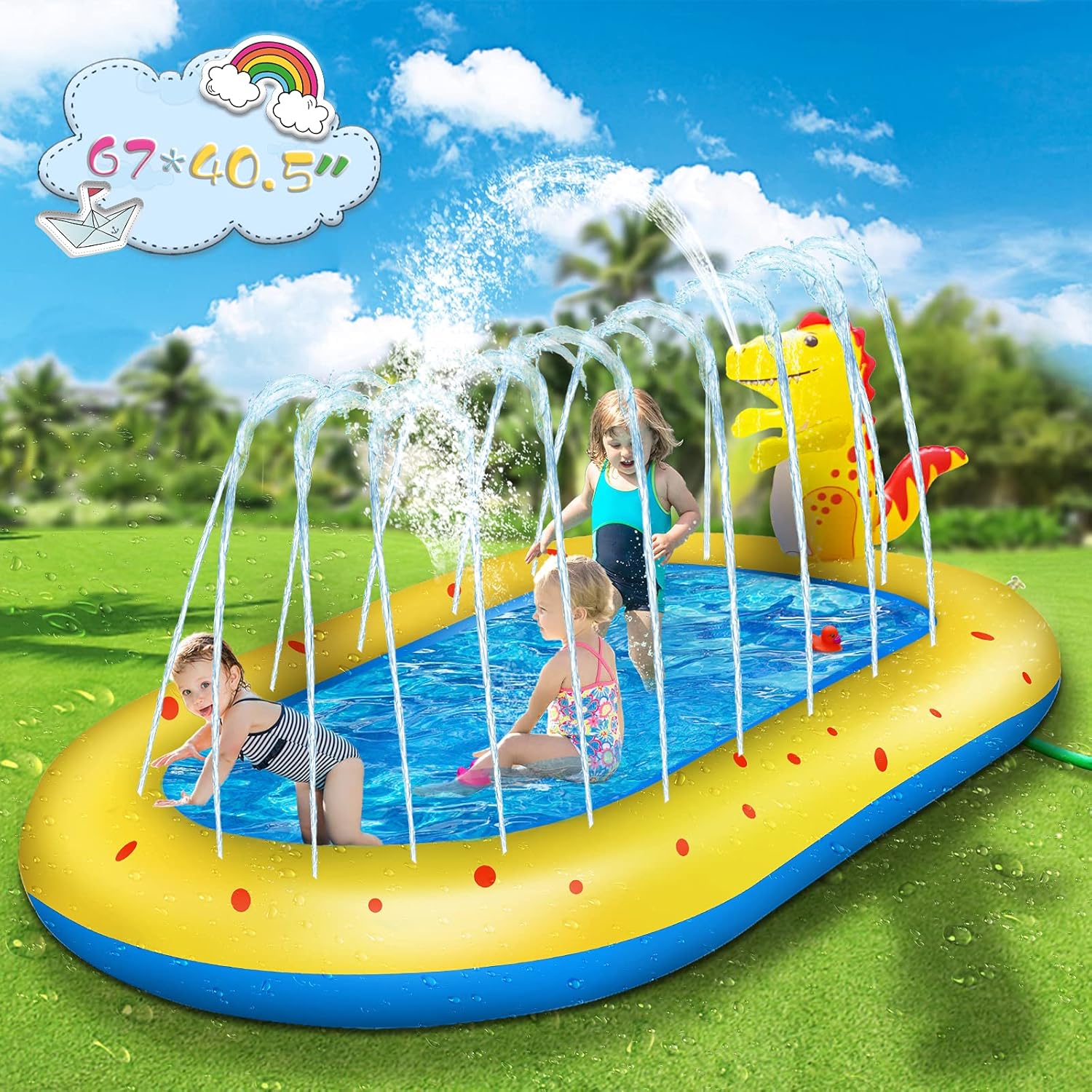 Inflatable Sprinkler Pool for Kids, Cute Dinosaur Kiddie Pool, 3-in-1 Backyard Splash Pad Swimming Outdoor Water Toys for Toddlers