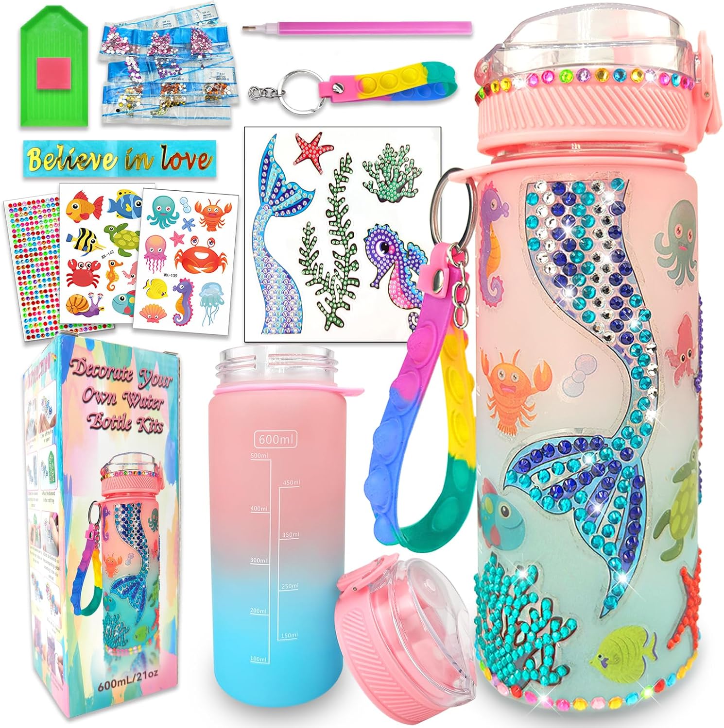 Decorate Your Own Water Bottle Kits for Girls Age 4-6-8-10,Mermaid Painting Crafts,Fun Arts and Crafts Gifts Toys for Girls Birthday Christmas(Mermaid)