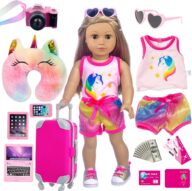 23 Pcs American 18 inch Doll Clothes and Accessories – Suitcase Luggage , Pillow, Sunglasses, Camera, Passport, Mobile Phone , Computer Doll Travel Gear Play Set Fit 18 inch Doll (No Doll)