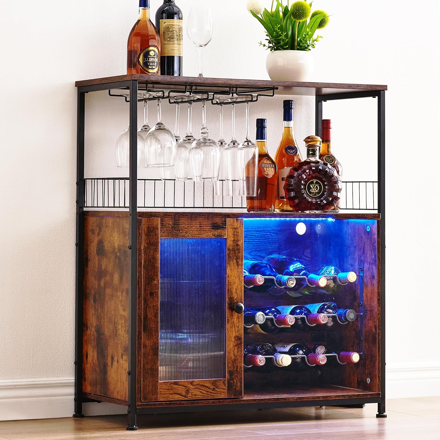 Wine Bar Cabinet with Led Lights & Removable Wine Racks, Multifunctional Bar Cabinet with 3 Rows Glass Holder and Acrylic Door for Liquor and Glasses, for Kitchen, Dining Room (Brown)