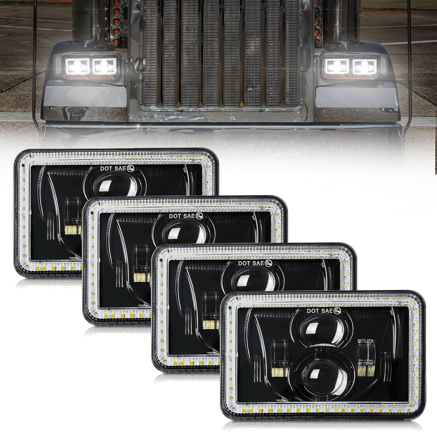 4Pcs 4×6 LED Headlights DOT 60W Hi/Lo Sealed Beam Headlights Compatible with Peterbilt 379 Kenworth T800 T600 Freightinger Ford Probe Chevy Oldsmobile Cutlass H4651 H4652 H4656 H4666 H6545