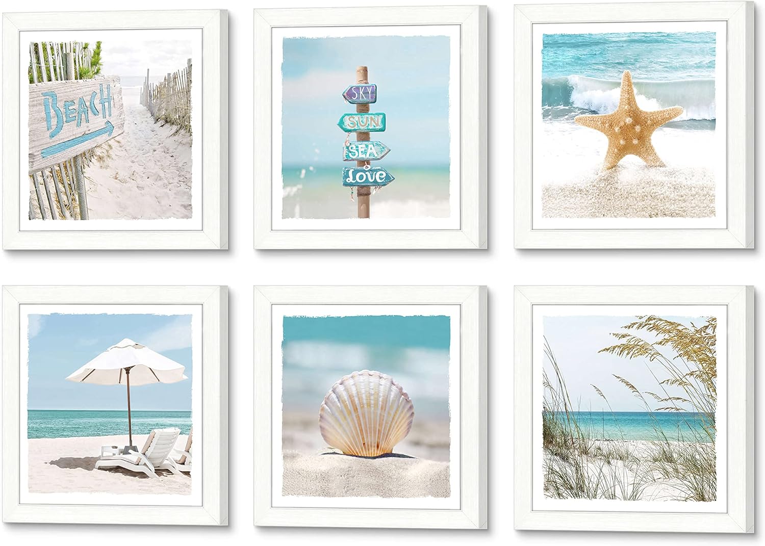 Beach Ocean Framed Wall Art – 6 Piece Blue Sea Scenery Picture Starfish Nature Coastal Landscape Frames Artwork Modern Relaxing seaside Seascape Photography Prints for Bathroom Office Living Room