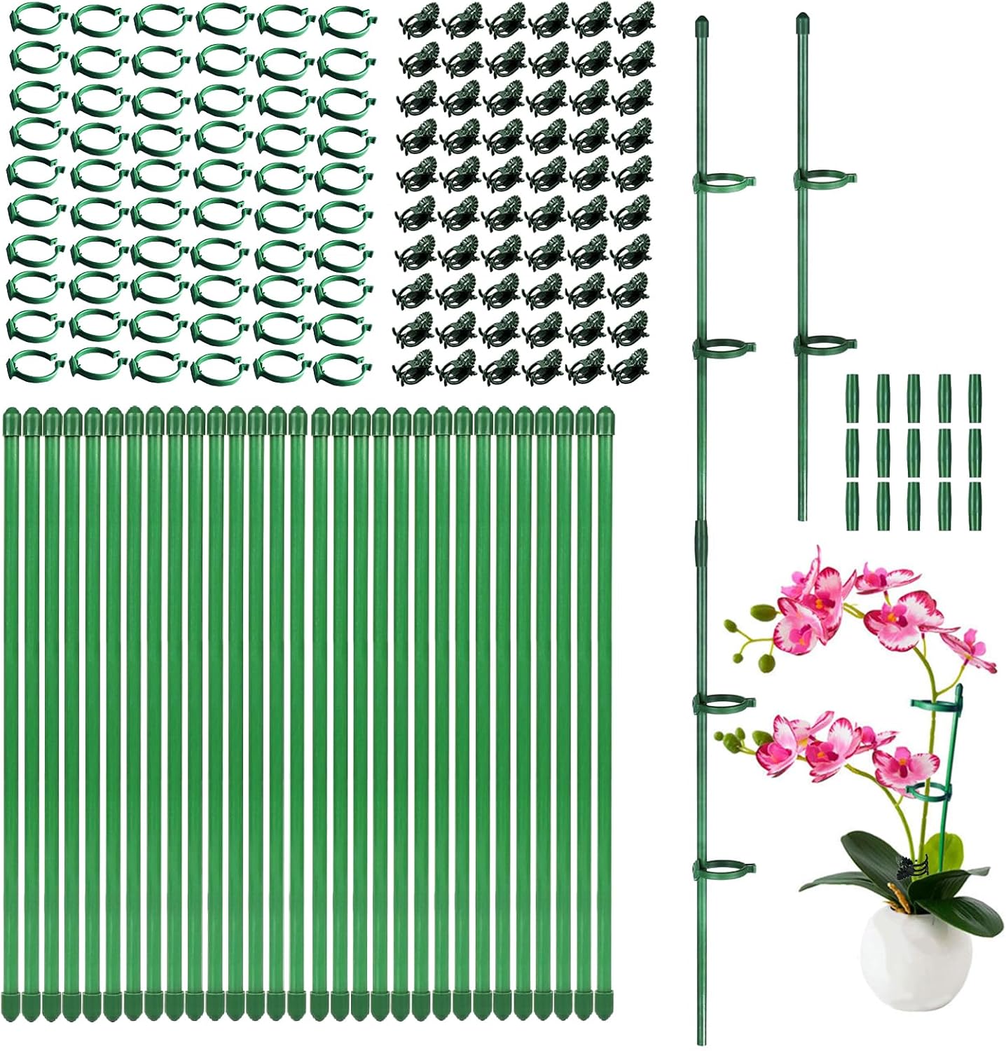 30Sets Adjustable Plant Stakes, 165Pcs Garden Plant Support Sticks, 30Pcs Fiberglass Plant Pole Stand, 60Pcs Rings, 60Pcs Clips, 15Pcs Connectors for Potted Plant Flower Tomato Orchid Vegetable