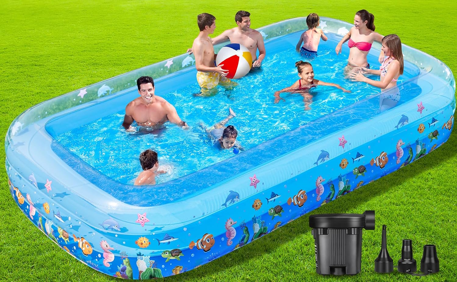 Inflatable Swimming Pool with Air Pump, 130″ X 72″ X 22″ Kiddie Pool for Kids, Adults, Family, Blow Up Pool for Outdoor, Garden, Backyard, Summer Water Party