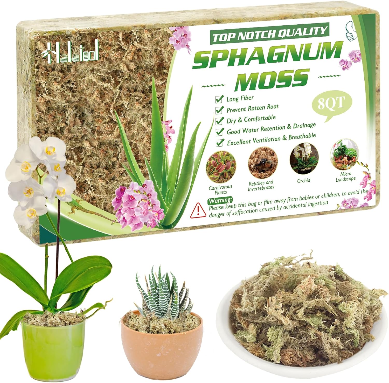 Halatool 10OZ Natural Sphagnum Moss for Plants 8 QT Premium Peat Moss Dried Long Fiber Orchid Moss for Orchid Repotting Carnivorous Succulents Garden Flowers Crafts Terrarium and Reptiles